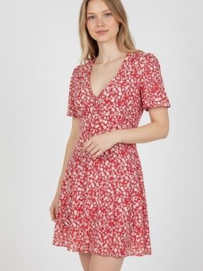 Thanne Red White Floral V-Neck Short Sleeve Mini Dress Size 10